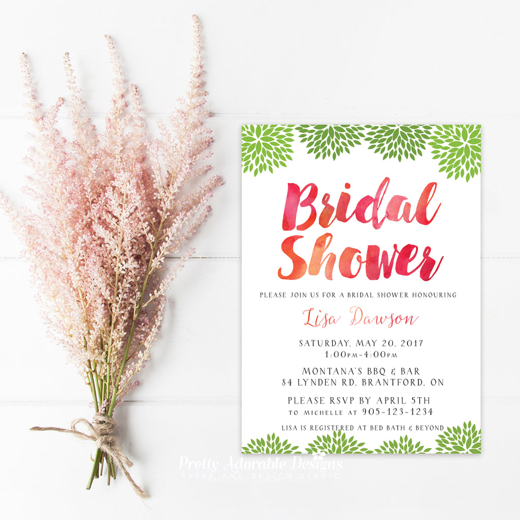 Green Floral Watercolour Bridal Shower Invitations