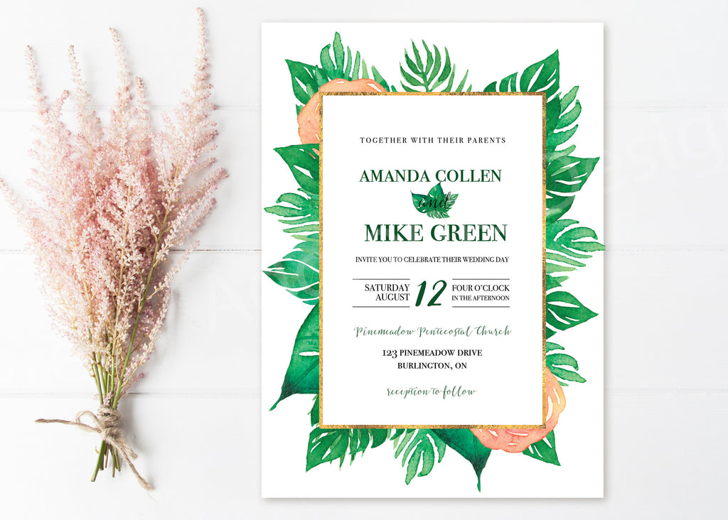 Tropical Wedding Invitations With Gold Border