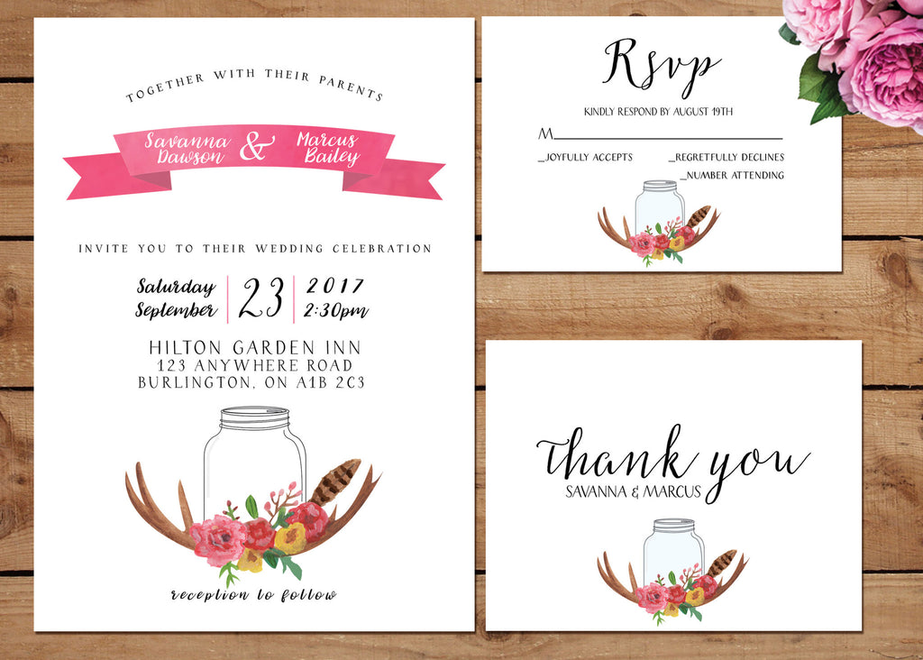 Rustic Bohemian Floral Wedding Invitation Suite Printable