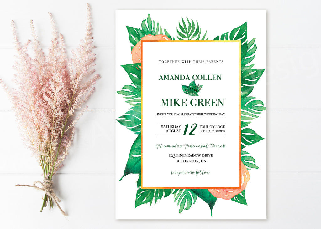Tropical Wedding Invitations With Watercolour Border 